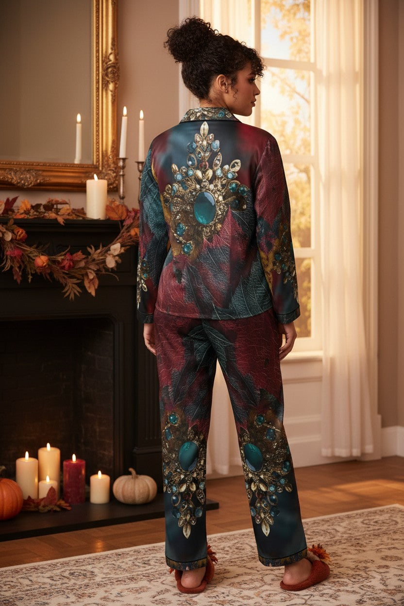 A woman stands with her back to the camera wearing a matching two-piece pajama set with a dark teal and burgundy abstract pattern and large ornate jewel motifs. She is photographed in a warm, decorated room with a fireplace, candles, and a window.