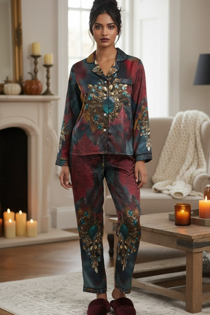 A woman stands in a cozy living room wearing a matching long-sleeve pajama set with an ornate floral and scroll pattern in deep teal, burgundy, and gold. The set includes a button-up top and matching pants, paired with burgundy slippers.