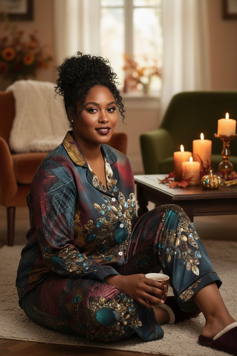 A woman sits on a light rug in a cozy living room setting, wearing a matching two-piece pajama set with a dark teal base and intricate gold, brown, and red floral embroidery. She holds a small white cup, with lit candles and comfortable armchairs in the background.