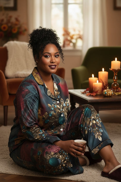 A woman sits on a light rug in a cozy living room setting, wearing a matching two-piece pajama set with a dark teal base and intricate gold, brown, and red floral embroidery. She holds a small white cup, with lit candles and comfortable armchairs in the background.