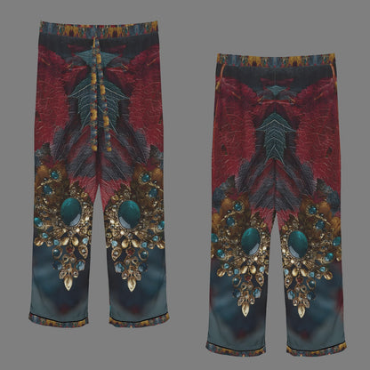 A pair of cropped wide-leg pants shown from the front and back on a flat gray background. The pants feature a highly detailed, symmetrical fantasy print with deep red wings, dark teal feathers, and large ornate gold and turquoise jewel motifs near the lower legs.
