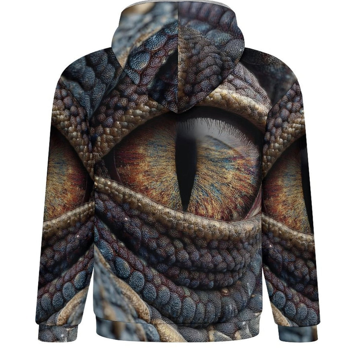 A long-sleeve hoodie featuring a detailed all-over print of a reptile or dragon eye and textured scales, shown on a plain white background.