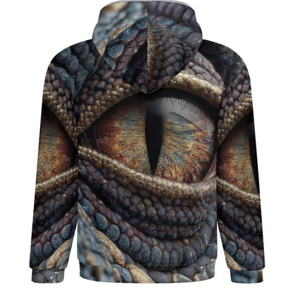 A long-sleeve hoodie featuring a detailed all-over print of a reptile or dragon eye and textured scales, shown on a plain white background.