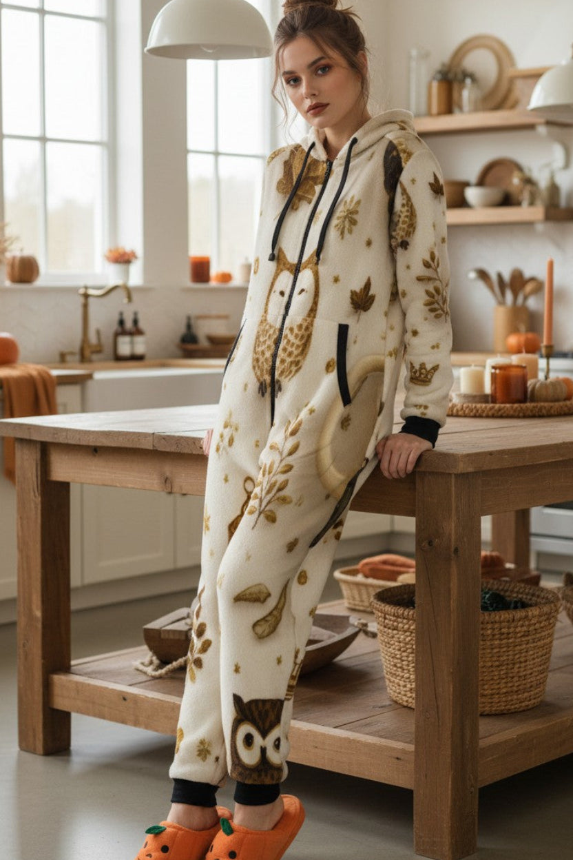 A woman stands in a warm, rustic kitchen wearing a cream-colored hooded onesie pajama with a brown and gold autumn leaf pattern, black drawstrings, and matching patterned pants. She is wearing bright orange slip-on slippers with a pumpkin face.