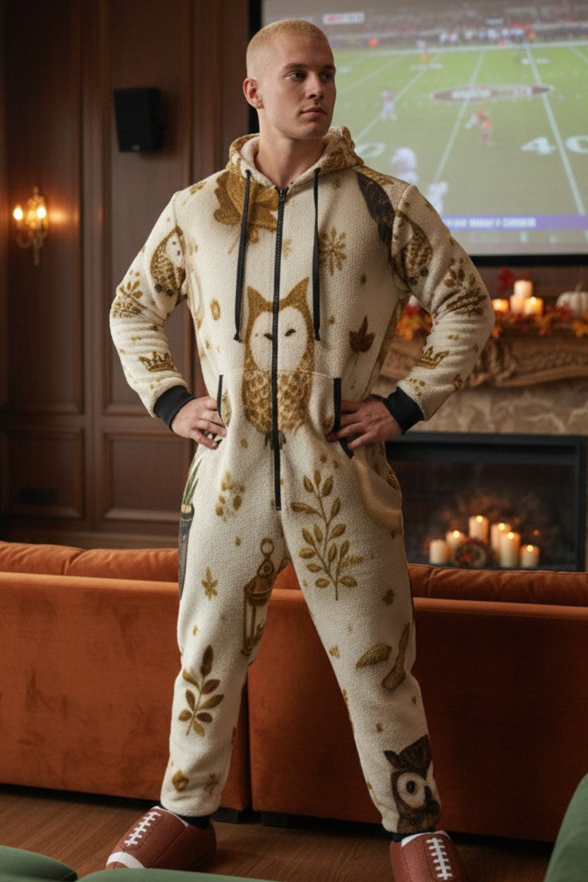 A man wearing a cozy hooded one-piece pajama suit with an owl and leaf pattern, standing in a warm, wood-paneled living room with a fireplace and TV in the background.