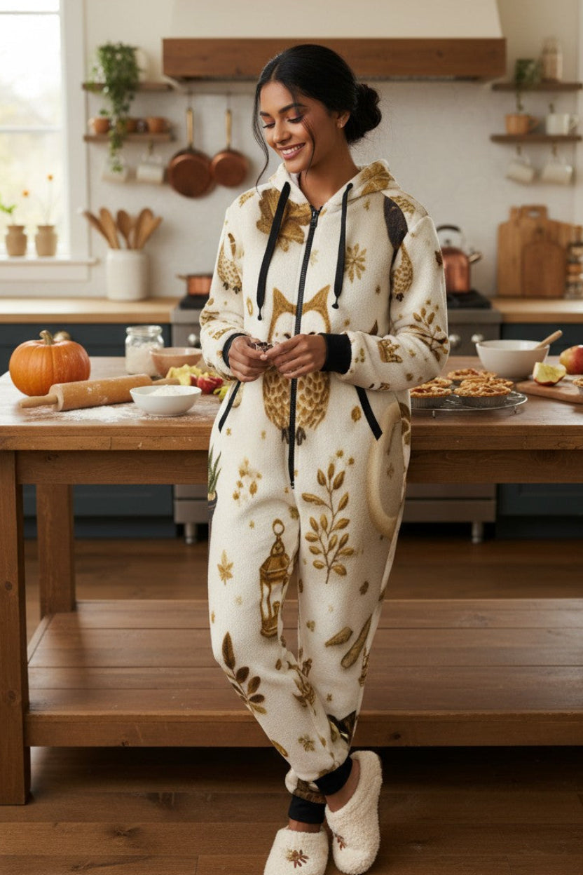 A woman stands in a bright kitchen wearing a cream-colored fleece hooded onesie with a brown and gold autumn leaf pattern. She is smiling and holding a small brown item in front of her torso.