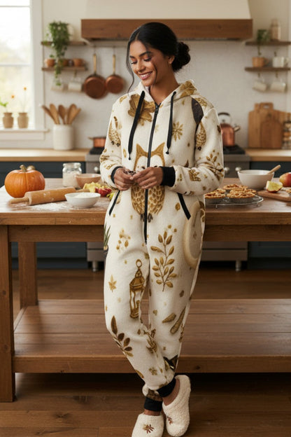 A woman stands in a bright kitchen wearing a cream-colored fleece hooded onesie with a brown and gold autumn leaf pattern. She is smiling and holding a small brown item in front of her torso.