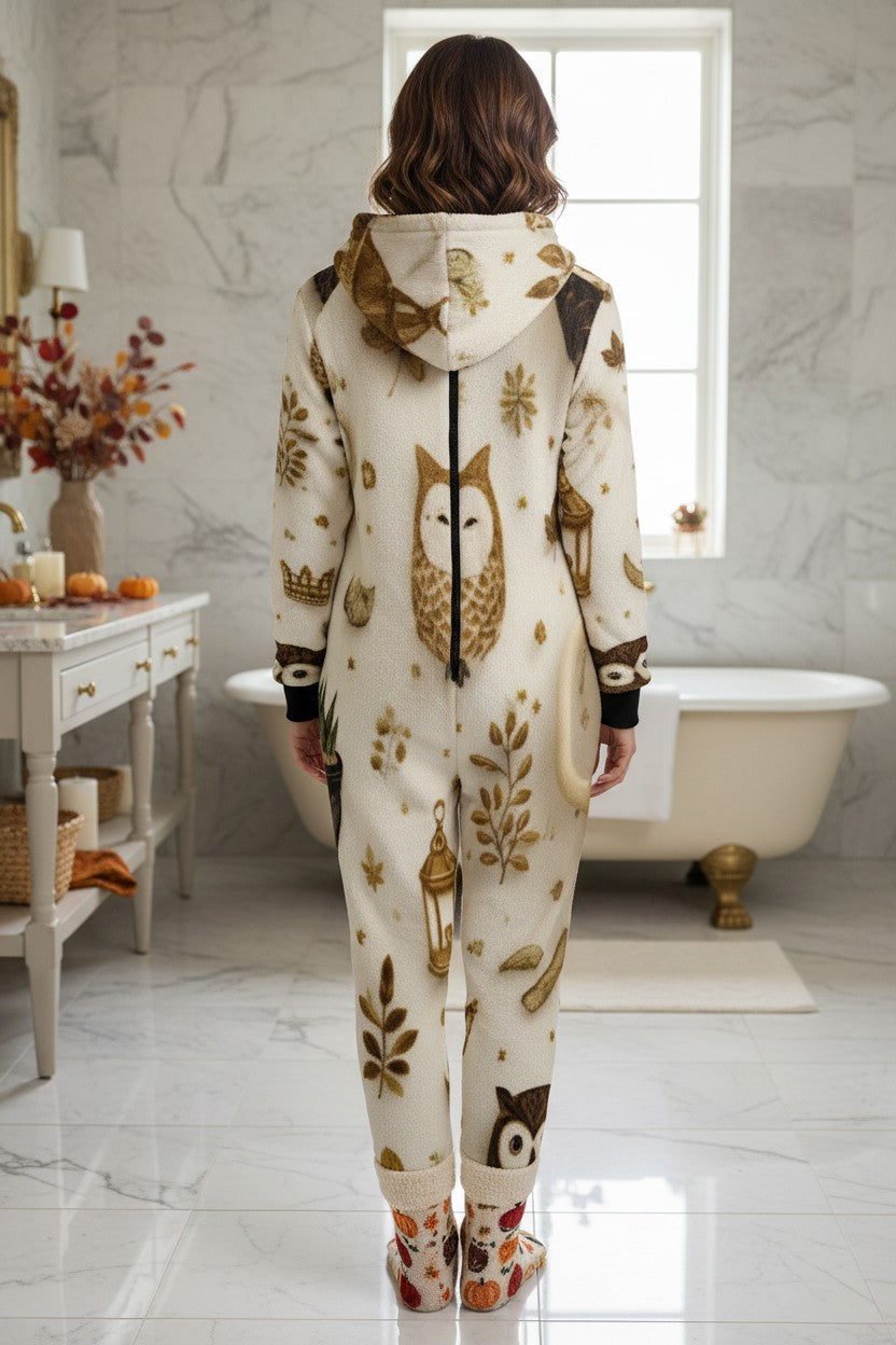 A woman stands with her back to the camera wearing a hooded one-piece pajama jumpsuit with an owl and leaf print, in a bright marble bathroom.