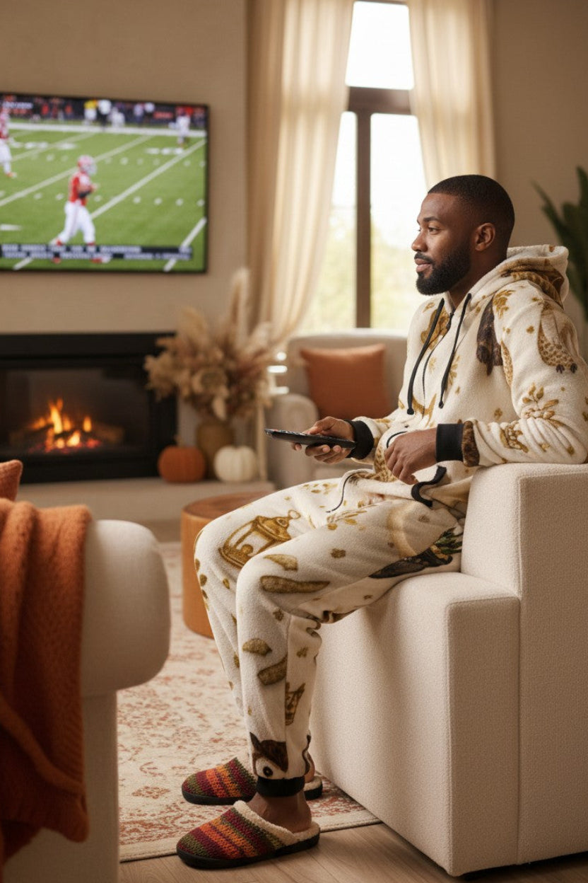 A man wearing a cream-colored hooded pajama set with a gold and brown baroque pattern sits on a white armchair in a cozy living room, holding a remote control and watching a football game on TV.