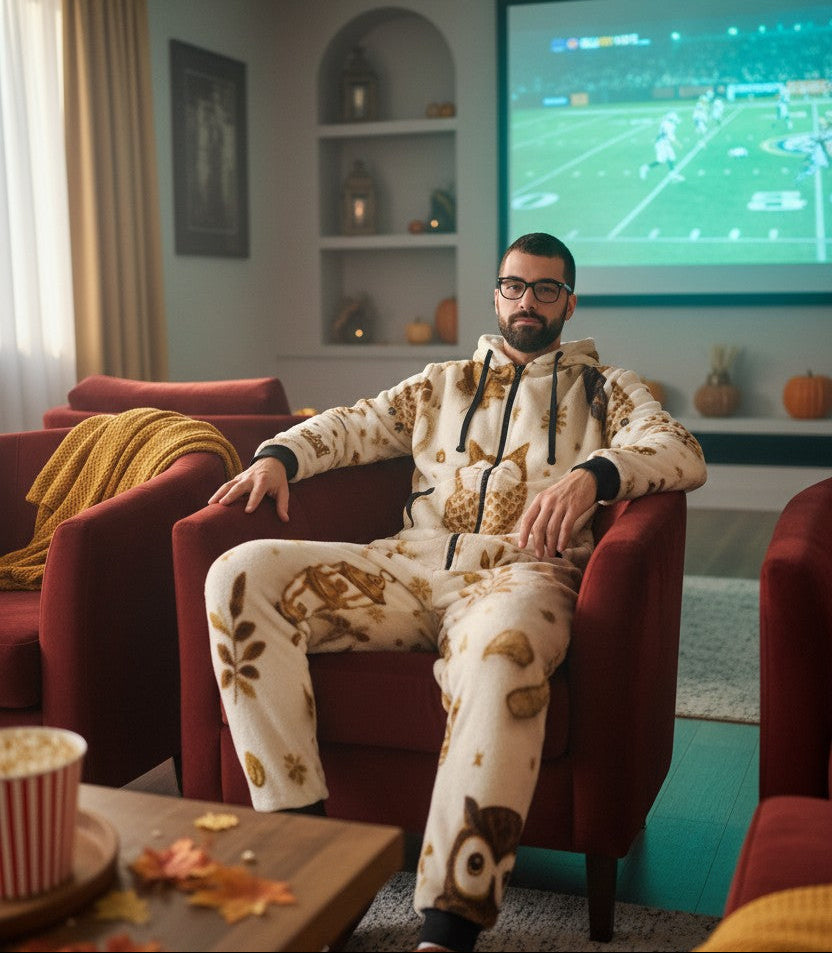 A man wearing a beige and brown owl-patterned fleece hoodie and matching pants sits in a red armchair in a living room, with a football-shaped slippers on his foot and a large movie screen showing a football game in the background.