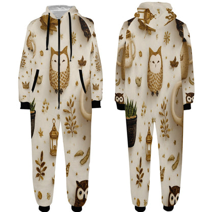 Front and back views of a hooded one-piece jumpsuit in cream with a woodland owl print, featuring brown and gold owls, lanterns, leaves, and stars, with black drawstrings and cuffs.