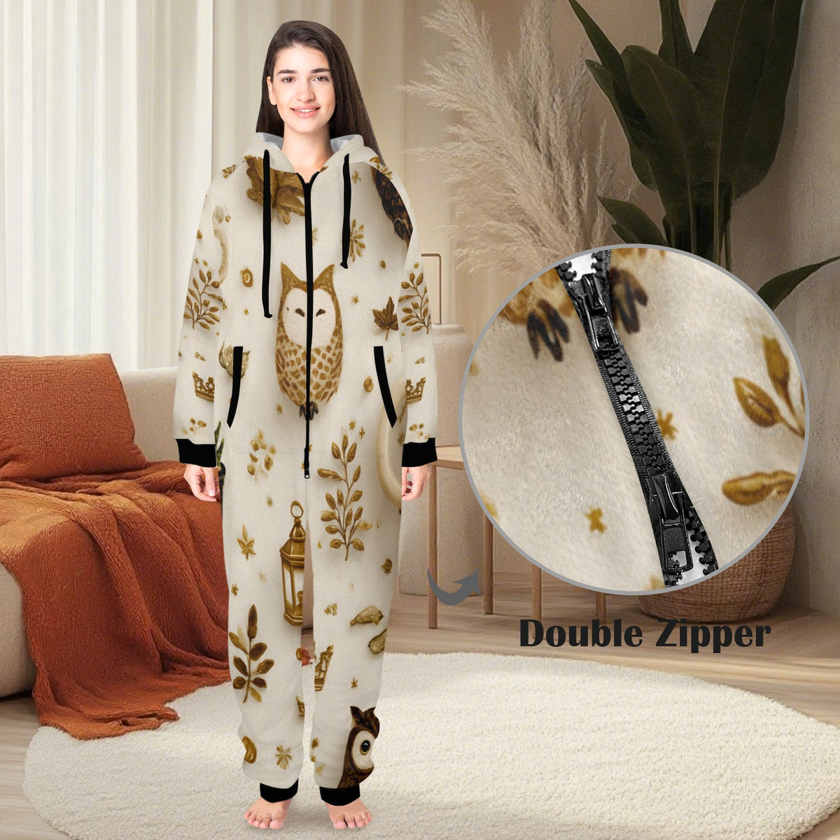 A woman stands indoors wearing a hooded one-piece pajama with an owl and leaf print on a cream base. The image includes a circular inset showing a close-up of the double zipper closure.