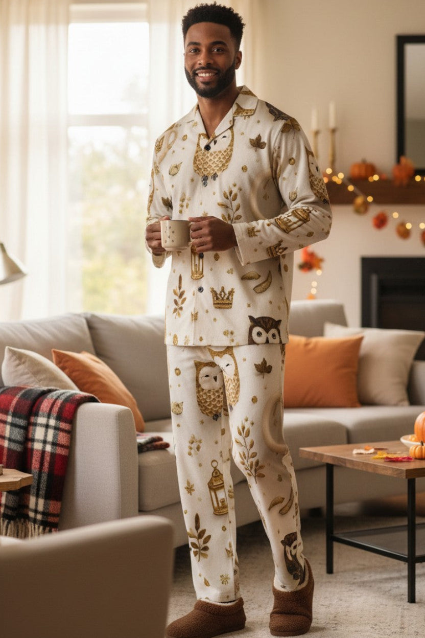 A man wearing a cream-colored pajama set with gold owl, crown, and leaf patterns stands in a cozy living room holding a mug. The pajamas feature whimsical animal and nature motifs, and the room has warm autumn decor including pumpkins and a fireplace.