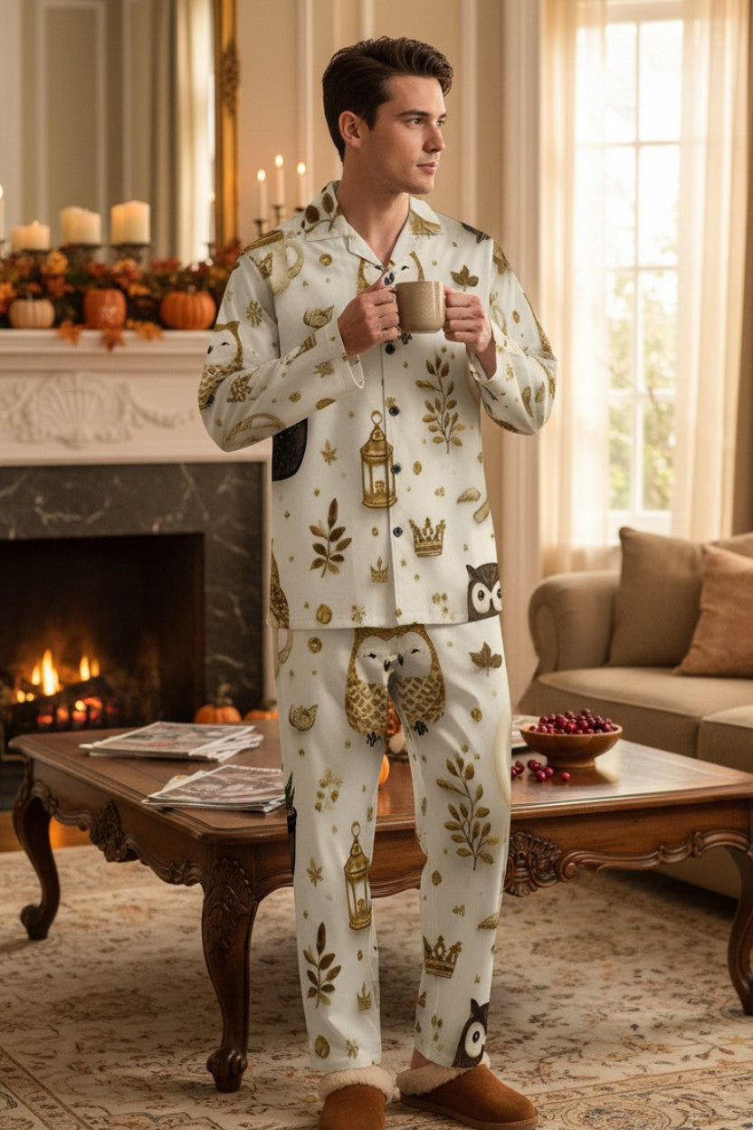A man wearing a long-sleeve button-up pajama set with a gold and brown winter-themed print (candles, pinecones, snow globes) stands in a cozy living room holding a mug.