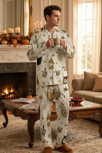 A man wearing a long-sleeve button-up pajama set with a gold and brown winter-themed print (candles, pinecones, snow globes) stands in a cozy living room holding a mug.