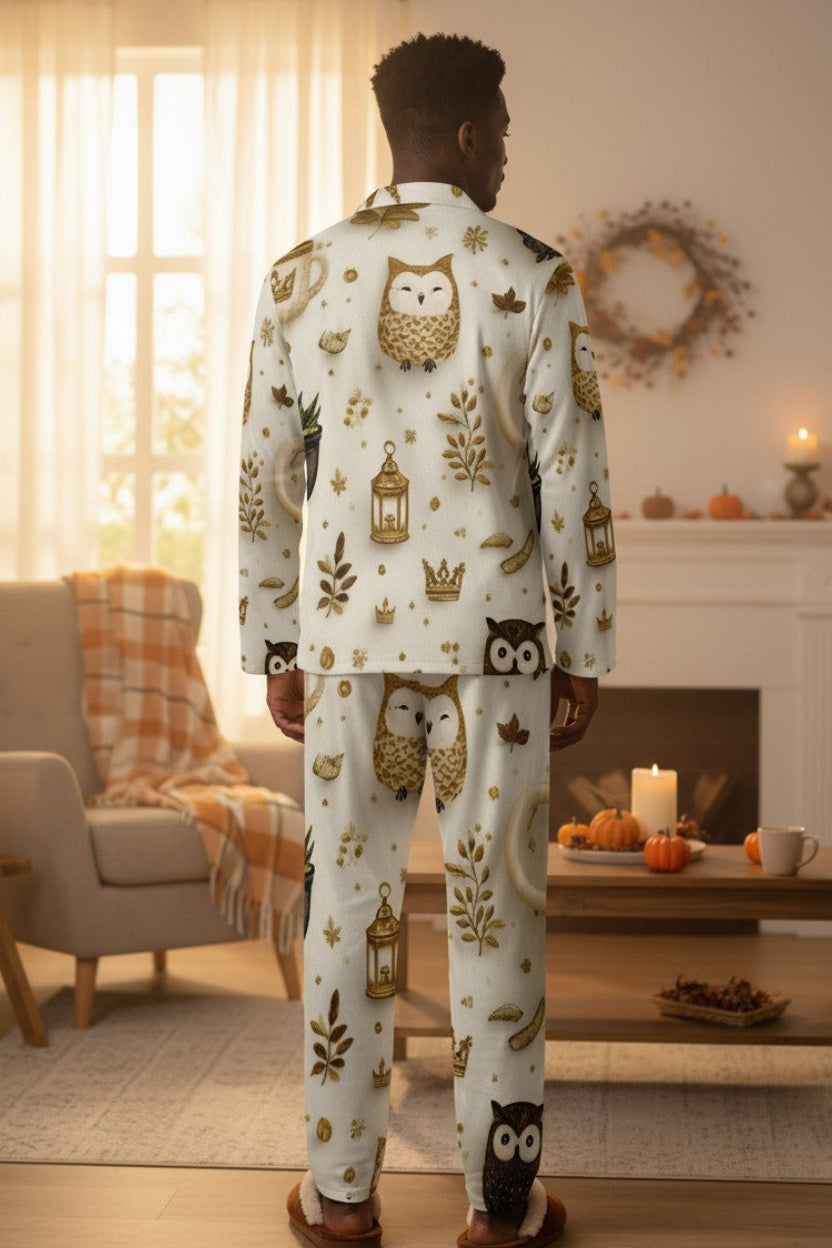 A man stands with his back to the camera wearing a matching pajama set with an owl and autumn leaf pattern, in a warmly lit living room.