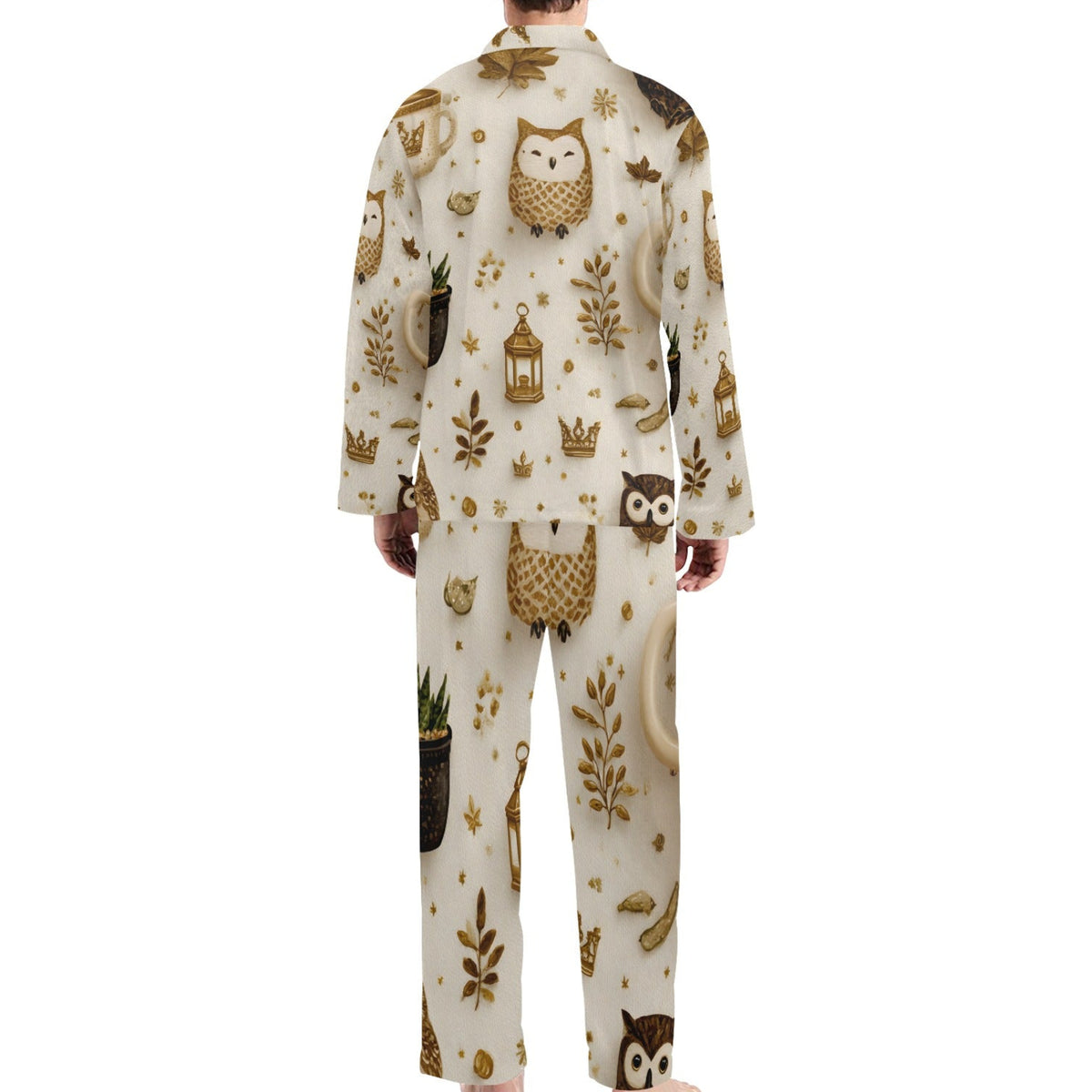 A person shown from the back wearing a matching long-sleeve pajama set with an all-over woodland print featuring owls, lanterns, leaves, and small decorative motifs on an off-white background.
