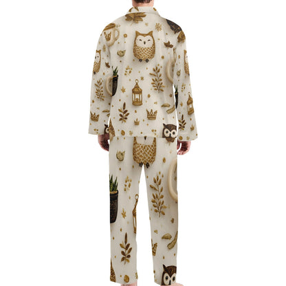 A person shown from the back wearing a matching long-sleeve pajama set with an all-over woodland print featuring owls, lanterns, leaves, and small decorative motifs on an off-white background.