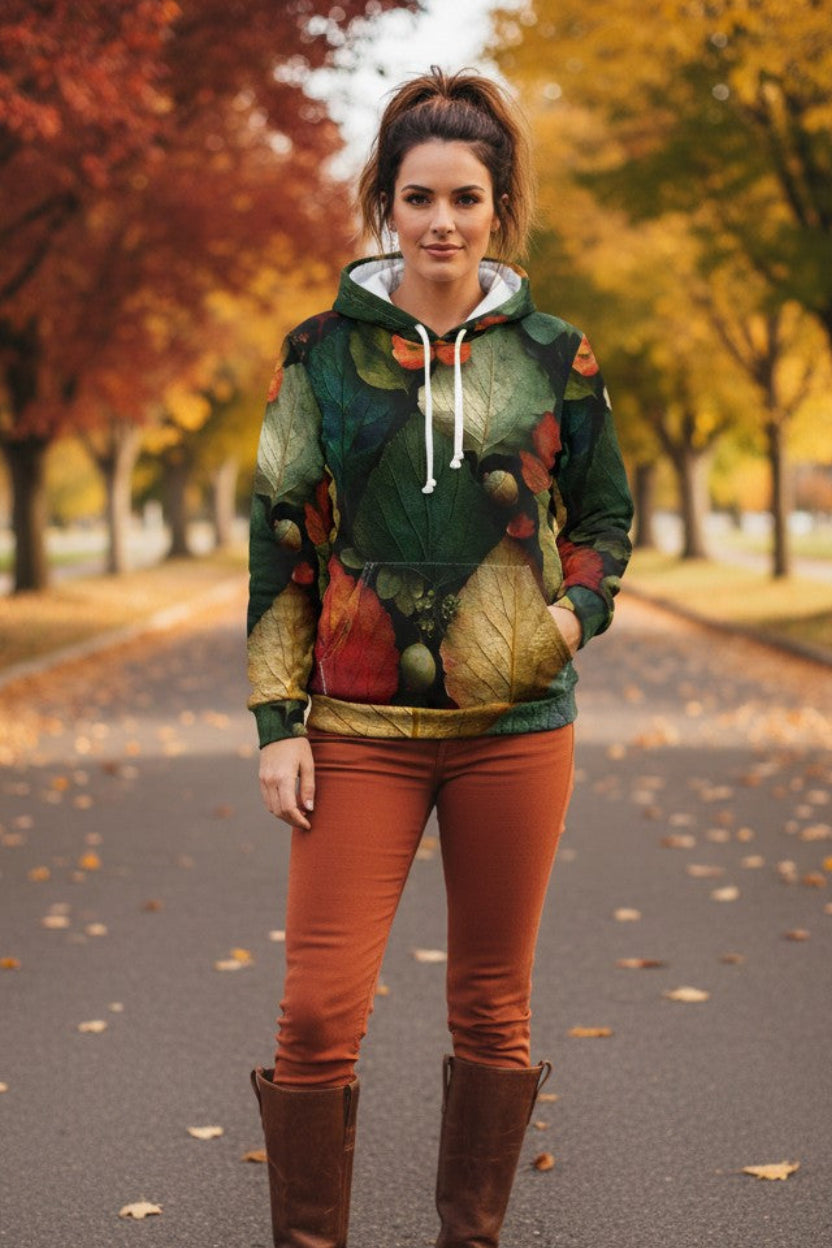 A woman stands on a paved path in an autumn park wearing a green and brown fall-themed hooded sweatshirt with a leaf print, rust-orange pants, and brown knee-high boots.