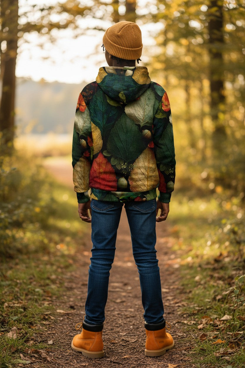 A person standing on a forest path, viewed from behind, wearing a colorful patchwork hooded jacket, blue jeans, and tan boots.