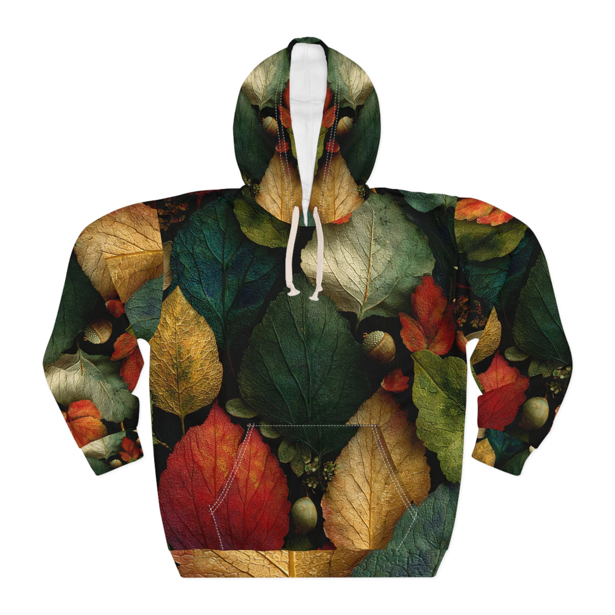 A pullover hoodie with an all-over autumn leaf print featuring green, red, yellow, and brown leaves with white drawstrings, shown on a plain white background.