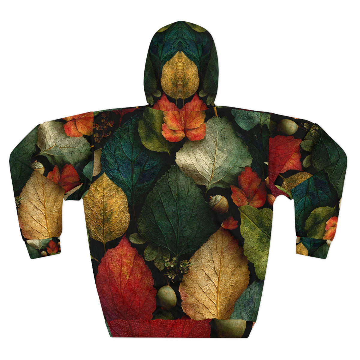 A long-sleeve hooded sweatshirt with an all-over autumn leaf print, featuring green, red, orange, and yellow leaves on a white background.