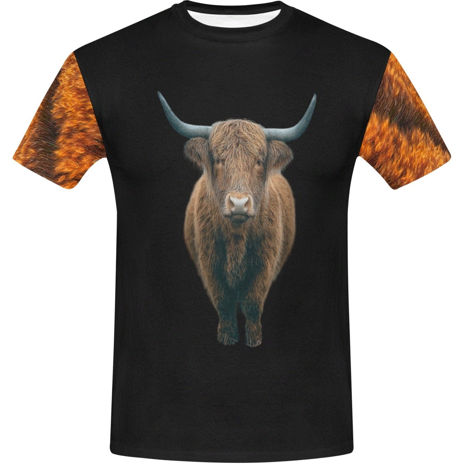 Black t-shirt with a bull graphic on a white background