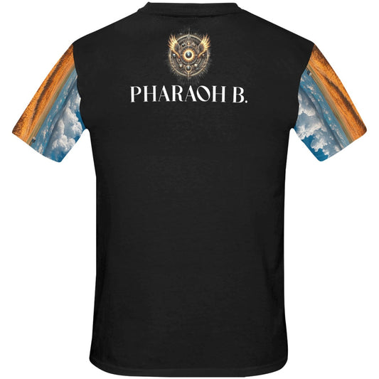 Black t-shirt with 'Pharaoh B.' branding on a white background