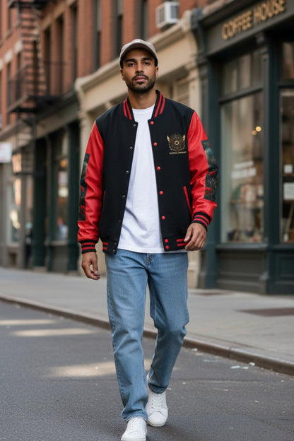 A man walking down a city street wearing a varsity-style jacket with red sleeves and black body, a white t-shirt, light blue jeans, and white sneakers.