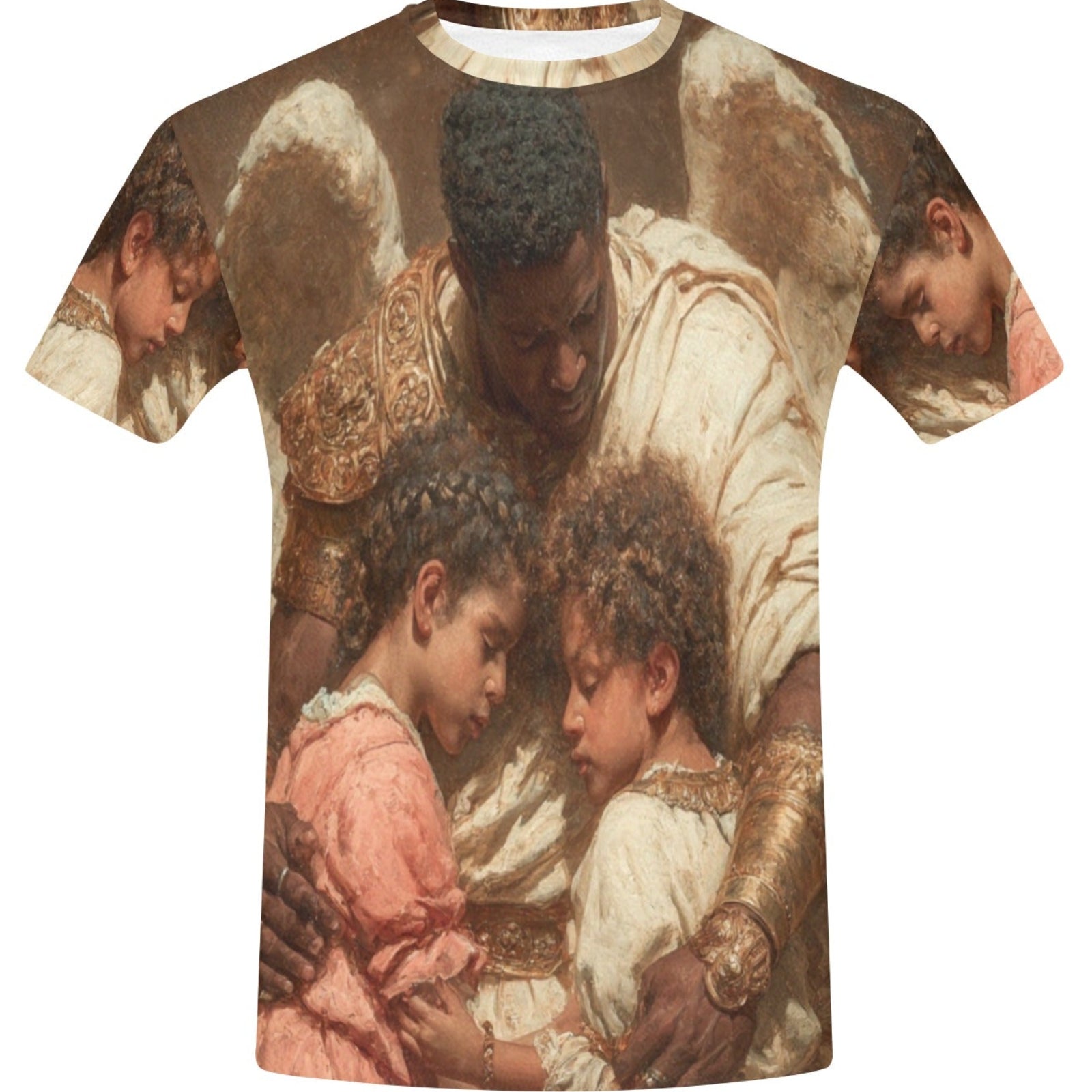 T-shirt with a historical-style print of a man and two children on a white background