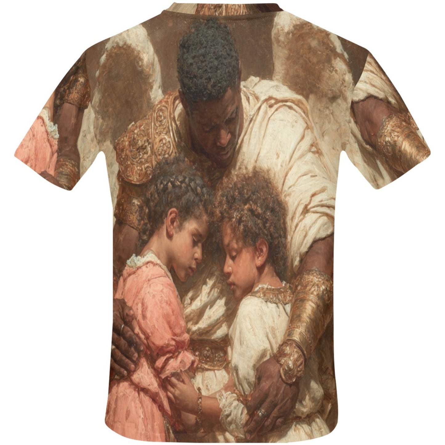 T-shirt with a graphic of a man and two children on a white background