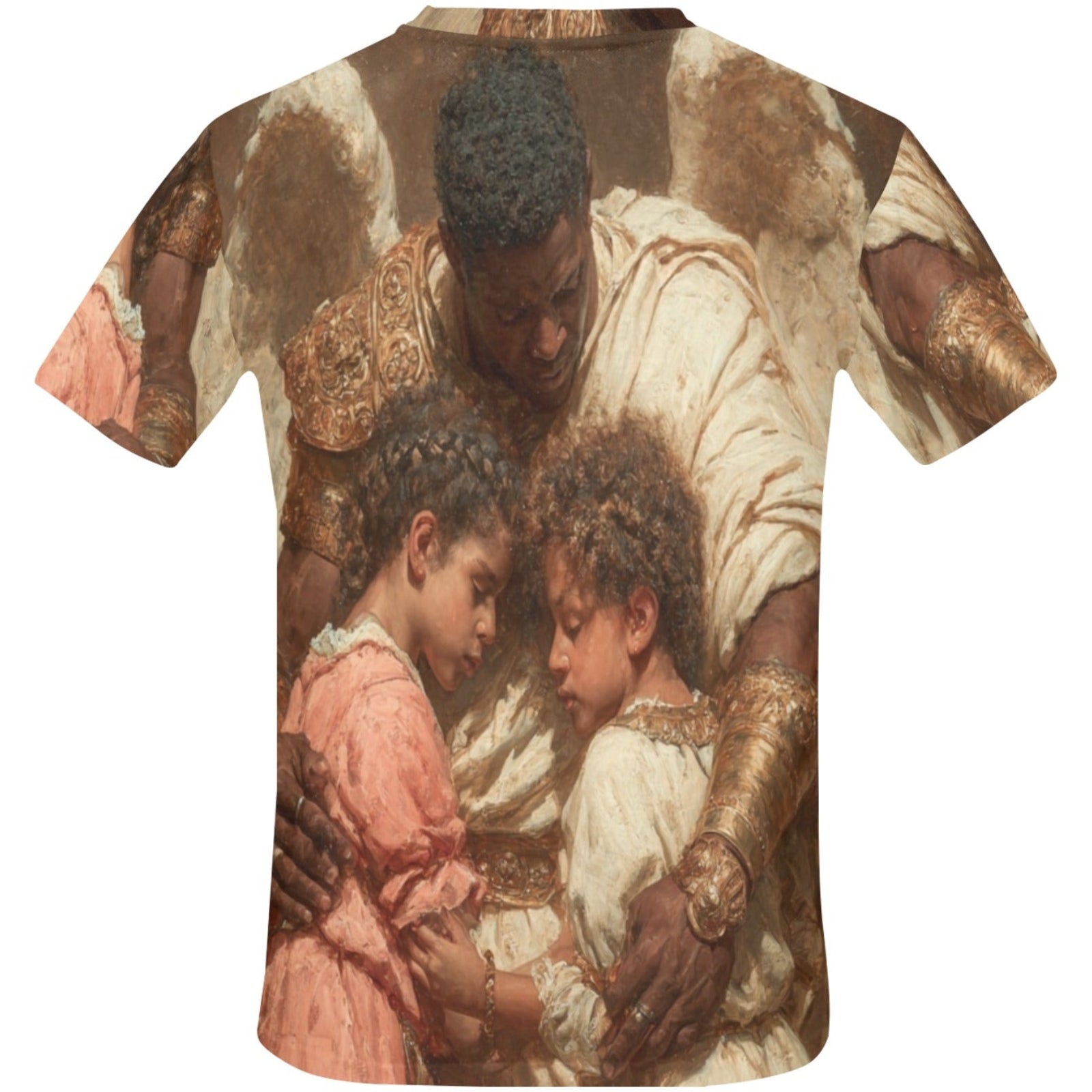 T-shirt with a graphic of a man and two children on a white background