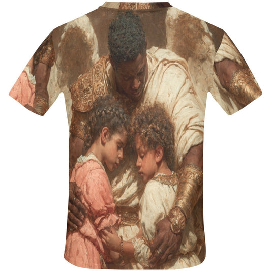 T-shirt with a graphic of a man and two children on a white background