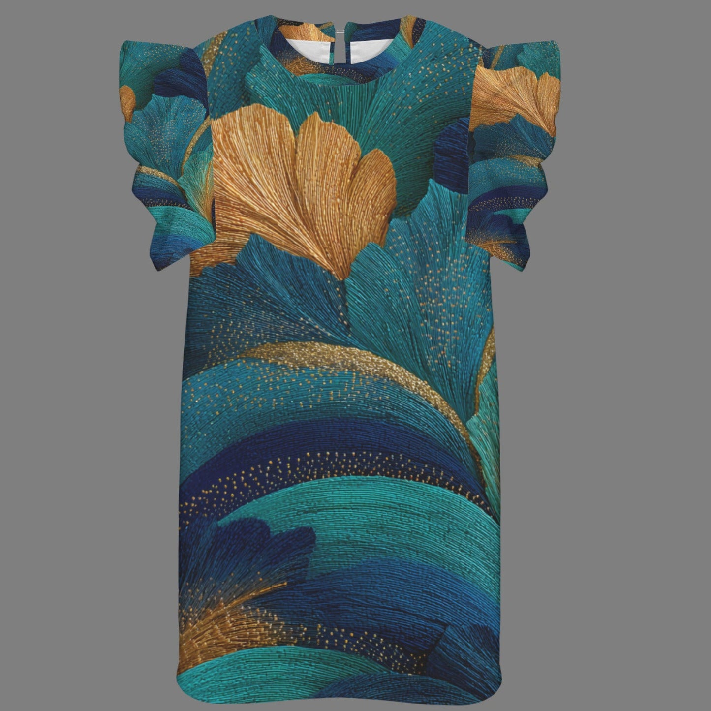 A short-sleeve dress with ruffled sleeves, featuring an abstract botanical pattern in teal, navy blue, and gold, shown against a solid gray background.