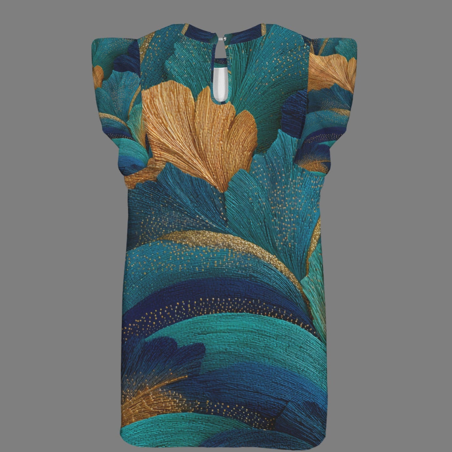 A sleeveless top with a split neckline and short puff sleeves, featuring an abstract brushstroke pattern in teal, blue, and gold on a solid gray background.