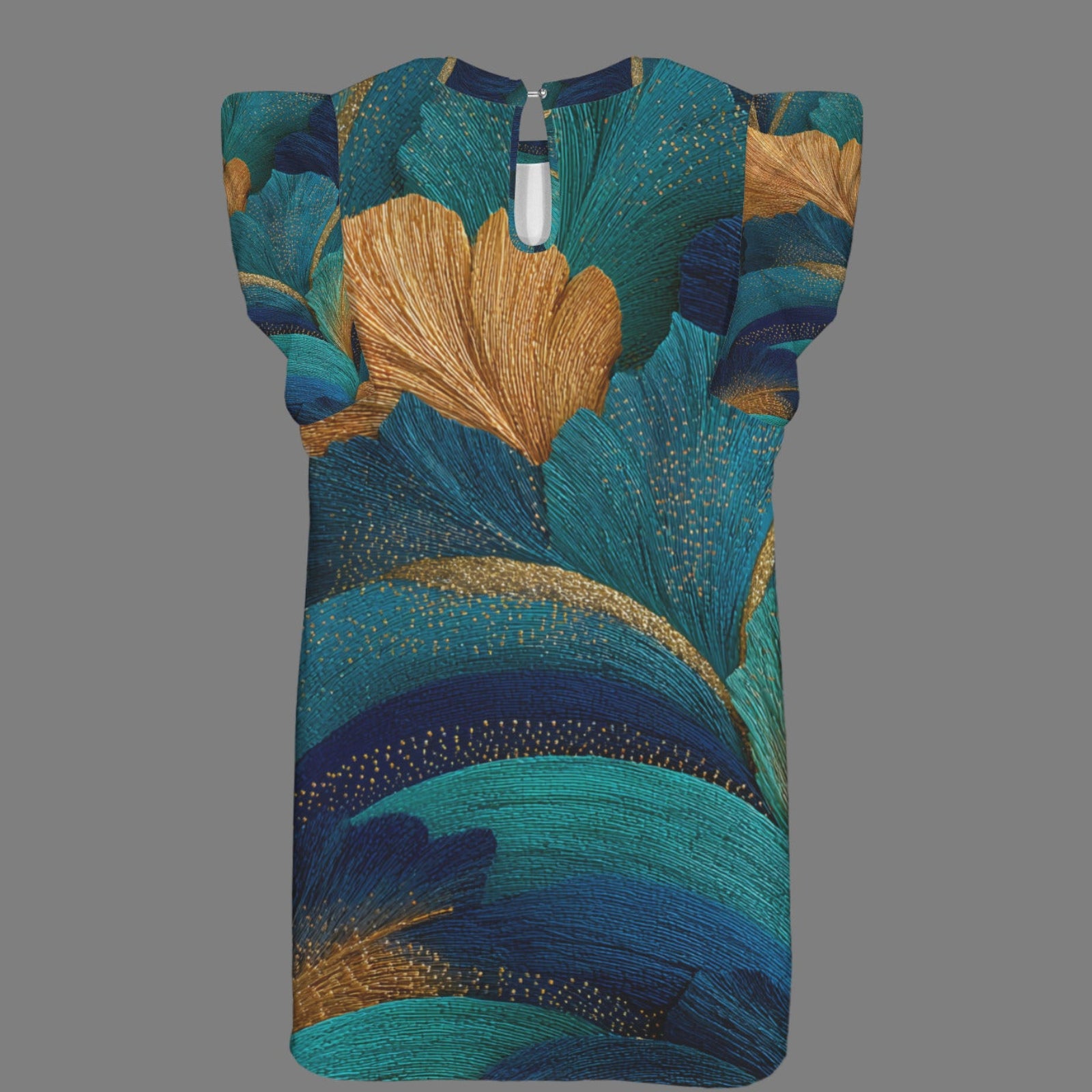 A sleeveless top with a split neckline and short puff sleeves, featuring an abstract brushstroke pattern in teal, blue, and gold on a solid gray background.