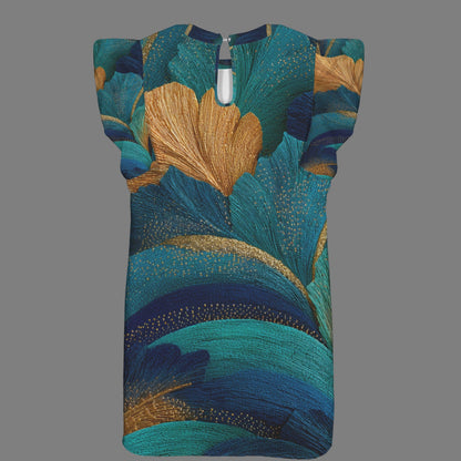 A sleeveless top with a split neckline and short puff sleeves, featuring an abstract brushstroke pattern in teal, blue, and gold on a solid gray background.