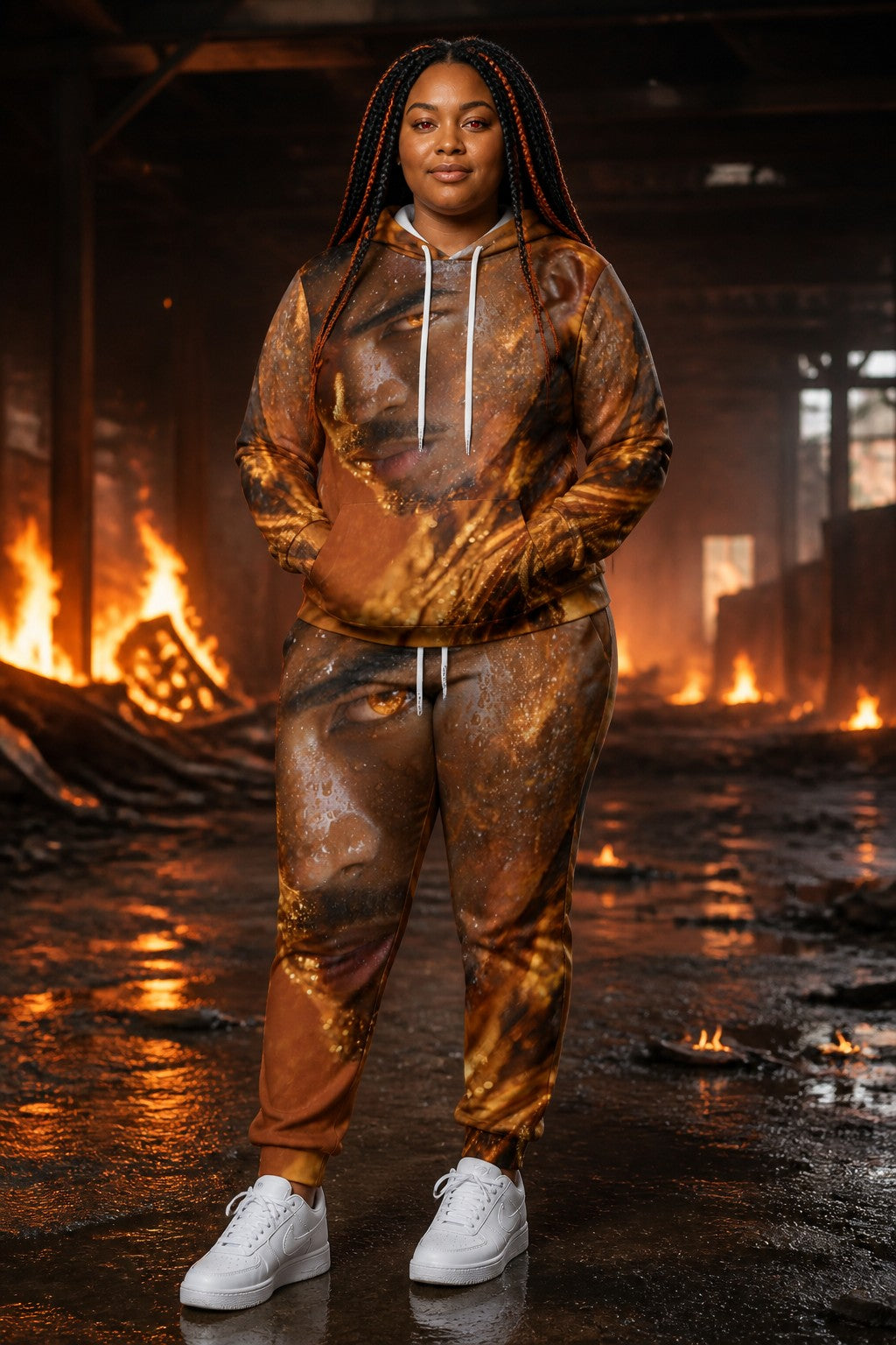 A woman stands in a dark, fiery industrial interior wearing a matching brown and gold abstract-print hoodie and jogger pants with white drawstrings and white sneakers.