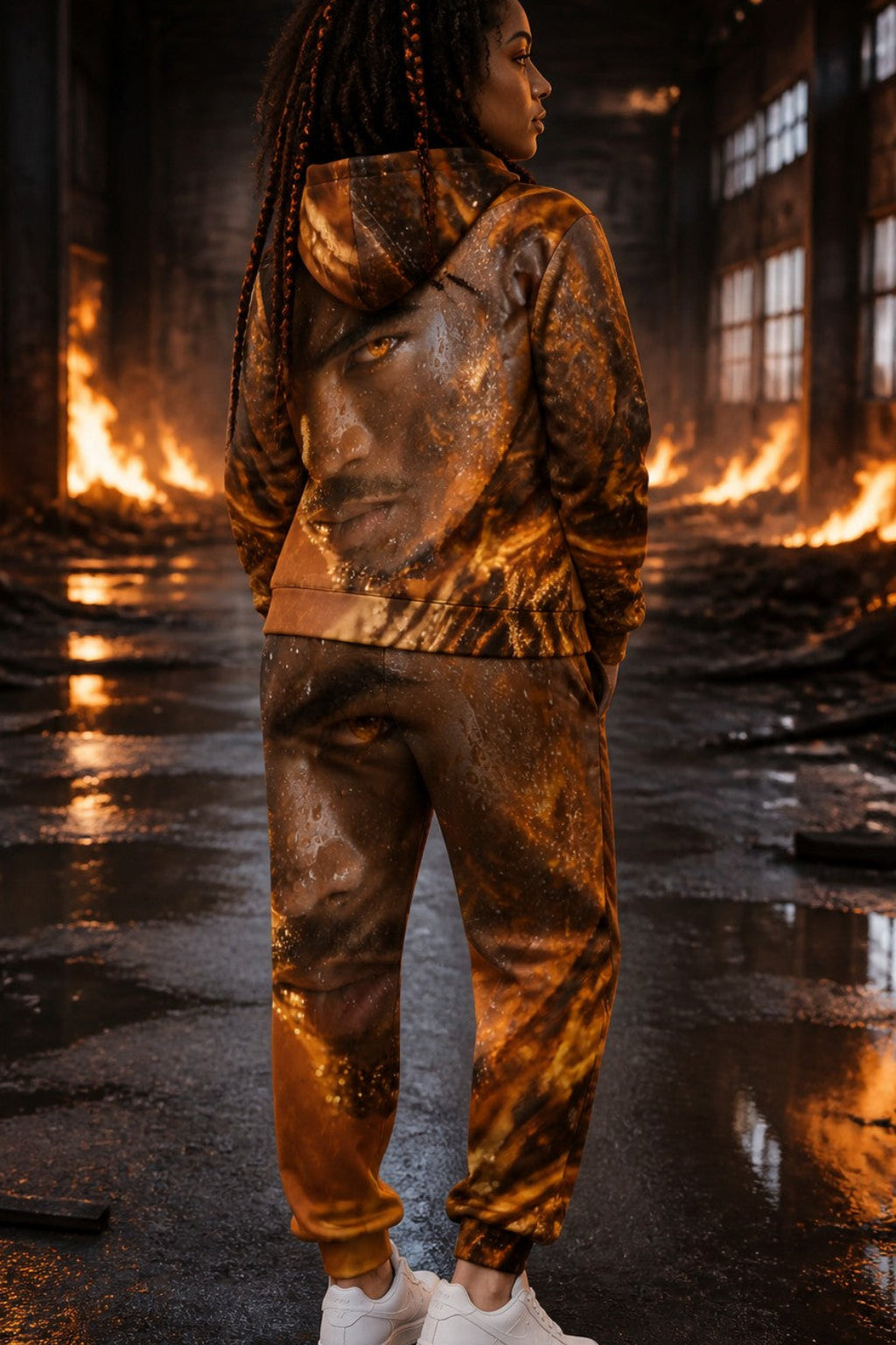 A person stands in a dark industrial interior with flames burning in the background, wearing a shiny metallic gold hooded jacket and matching pants with white sneakers.