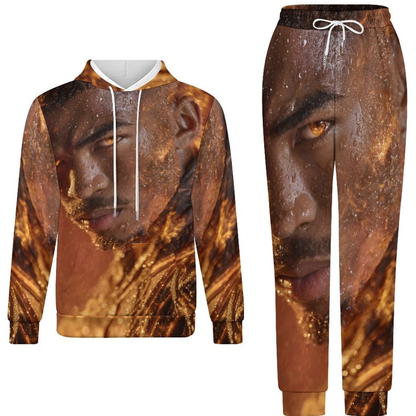 A matching two-piece hoodie and jogger sweatpants set featuring an all-over print of a man's face with dramatic golden light and water droplets. The hoodie has white drawstrings, and the joggers have a white drawstring waistband.