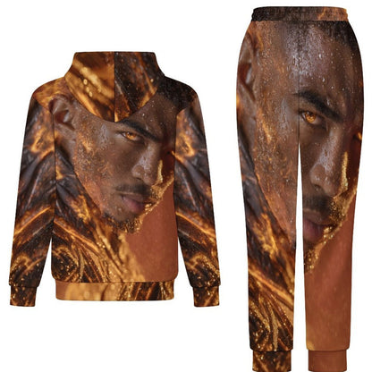 A matching two-piece tracksuit set featuring a hoodie and jogger pants with an all-over photographic print of a man's face in dramatic golden lighting, shown on a plain white background.