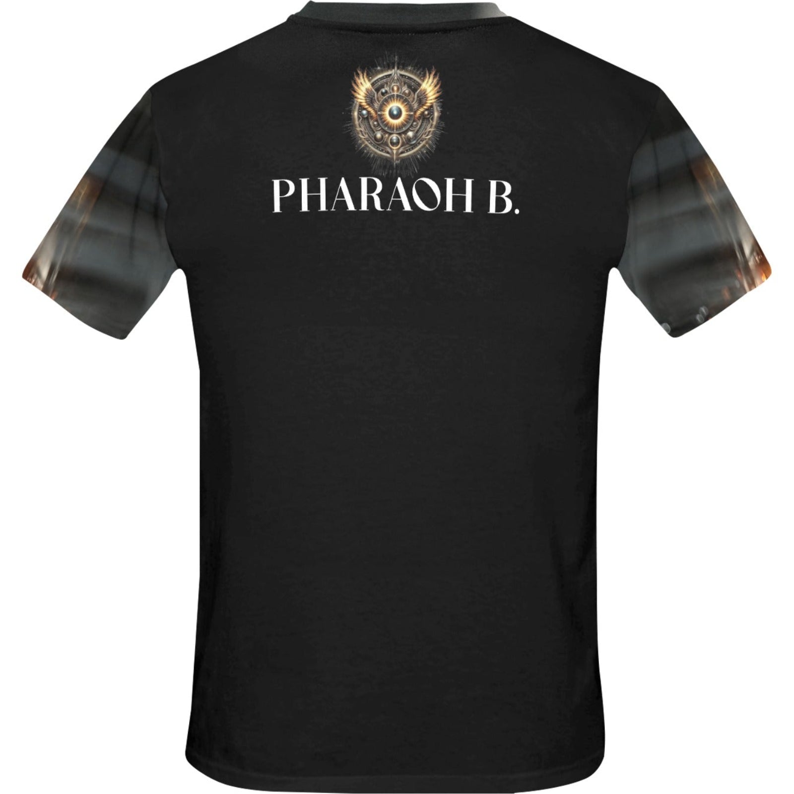 Black t-shirt with 'PHARAOH B.' branding on a white background