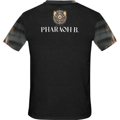 Black t-shirt with 'PHARAOH B.' branding on a white background