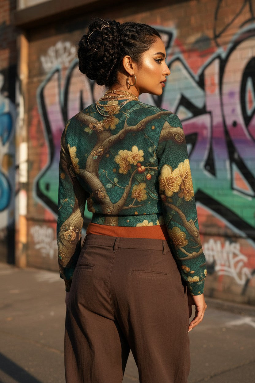 A woman photographed from behind wearing a long-sleeve cropped top with a dark teal and brown branch pattern decorated with yellow flowers, paired with brown trousers, standing in front of a graffiti-covered brick wall.