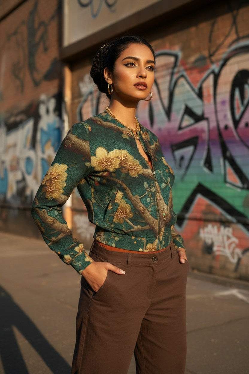 A woman posing outdoors in front of a graffiti-covered wall, wearing a long-sleeve green floral print blouse and brown trousers.