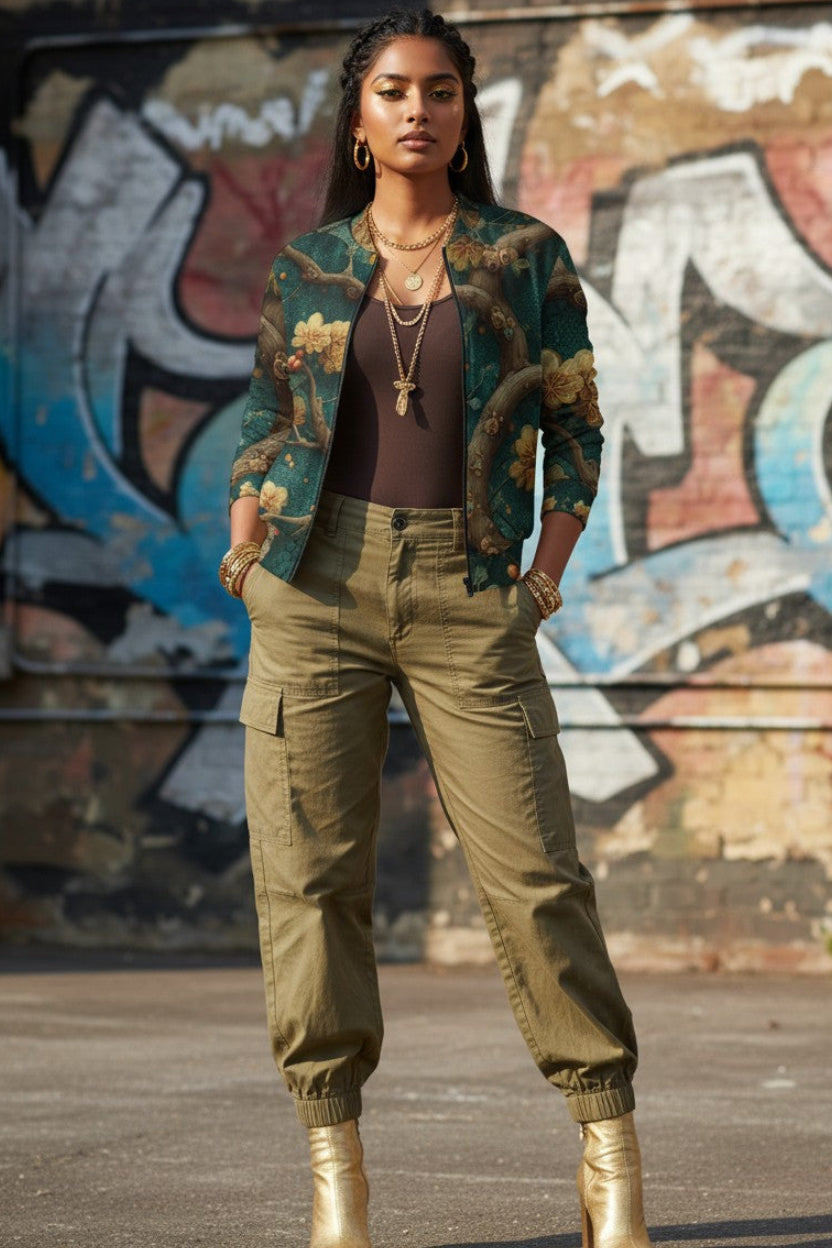 A woman stands outdoors in front of a graffiti-covered wall, wearing a green floral bomber jacket, olive cargo pants, a dark brown bodysuit, and metallic gold heeled boots.