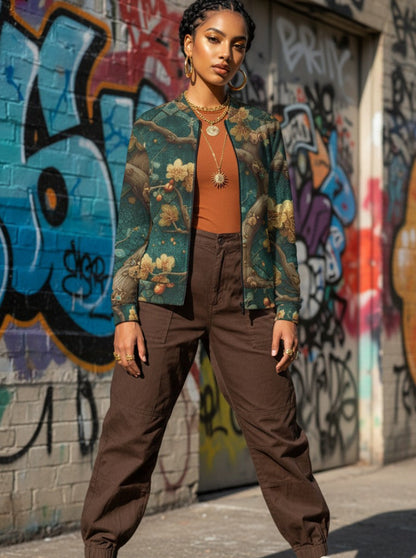 A woman stands outdoors in front of a graffiti-covered wall, wearing a green floral bomber jacket over an orange top, brown jogger pants, and white sneakers.