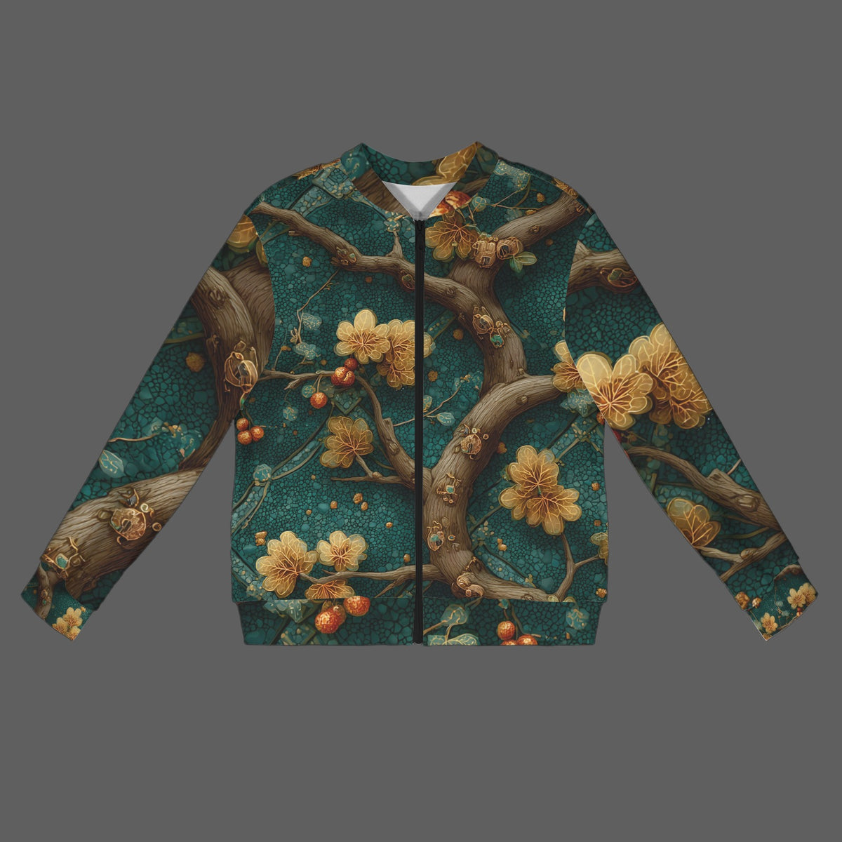 A full-zip bomber jacket featuring an all-over botanical print of gnarled tree branches, golden-yellow flowers, and small red berries on a dark teal background, shown against a solid dark gray backdrop.