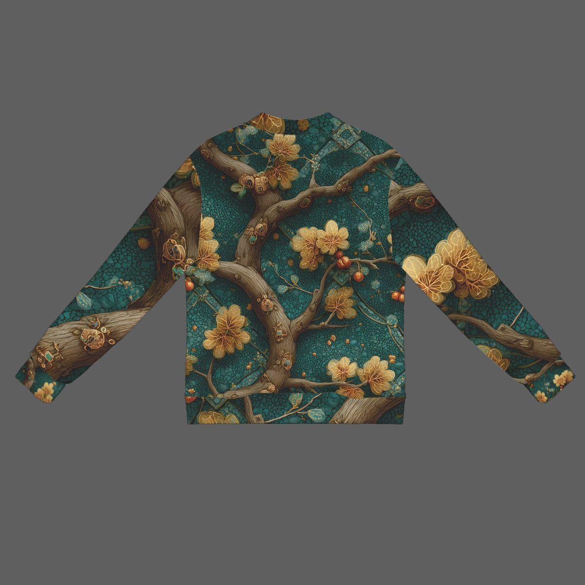 A long-sleeve crewneck sweatshirt featuring an all-over artistic print of gnarled tree branches, golden-yellow flowers, and small red berries on a dark teal background, displayed against a solid dark gray backdrop.