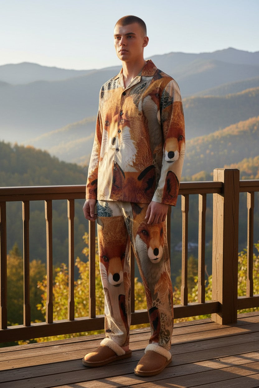 A man stands on a wooden deck wearing a matching pajama set with a fox print pattern, set against a scenic mountain background.